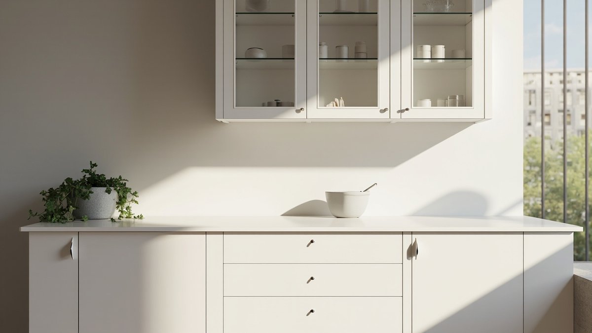 Illustrative concept design: white painted frame kitchen wall cabinets with clear glass doors and plain white ceramics