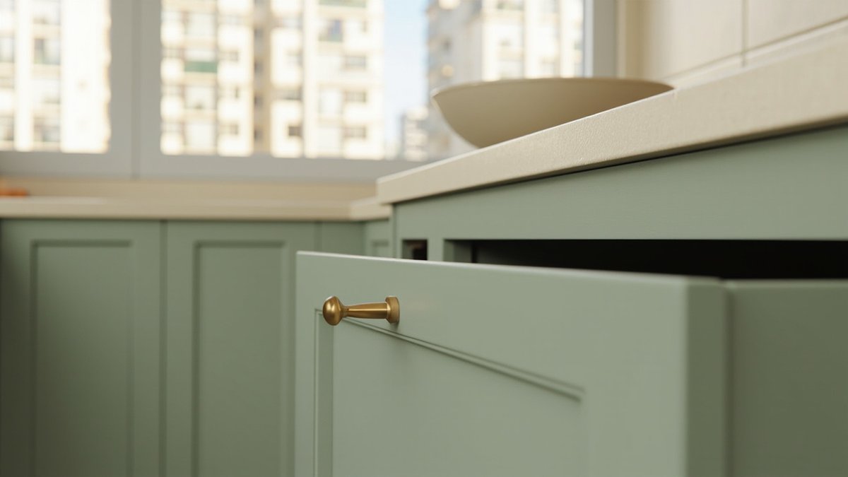 Illustrative concept design: matte sage green shaker kitchen base doors with a brass pull, the nearest door open