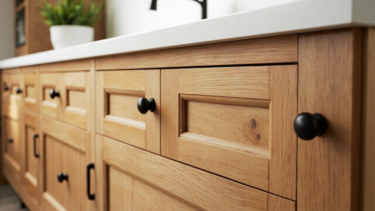 Illustrative concept design: solid oak five-piece shaker kitchen doors and drawers with round black knobs