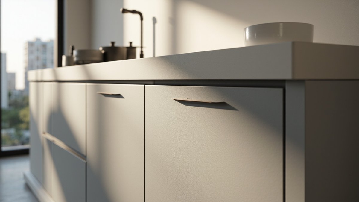Illustrative concept design: ultra-matte stone grey kitchen doors and drawers with slim recessed pulls