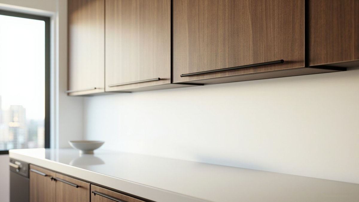 Illustrative concept design: walnut wood-grain flat slab wall cabinet doors with long matt black bar pulls