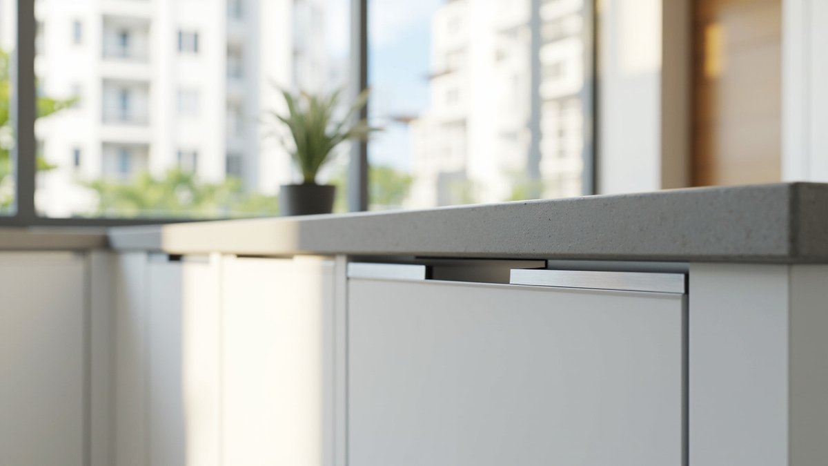 Illustrative concept design: white flat slab kitchen doors with a slim brushed aluminium edge pull along the top edge