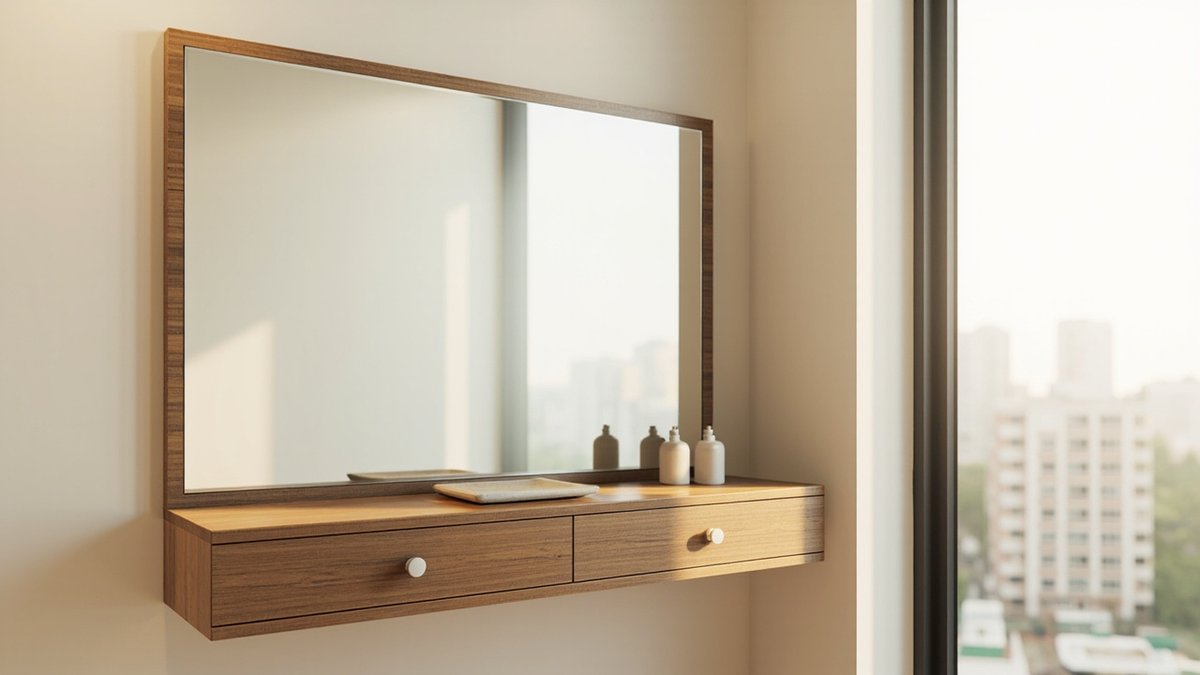 Illustrative concept design: wall-hung walnut dressing top with two drawers under a mirror in a matching walnut surround