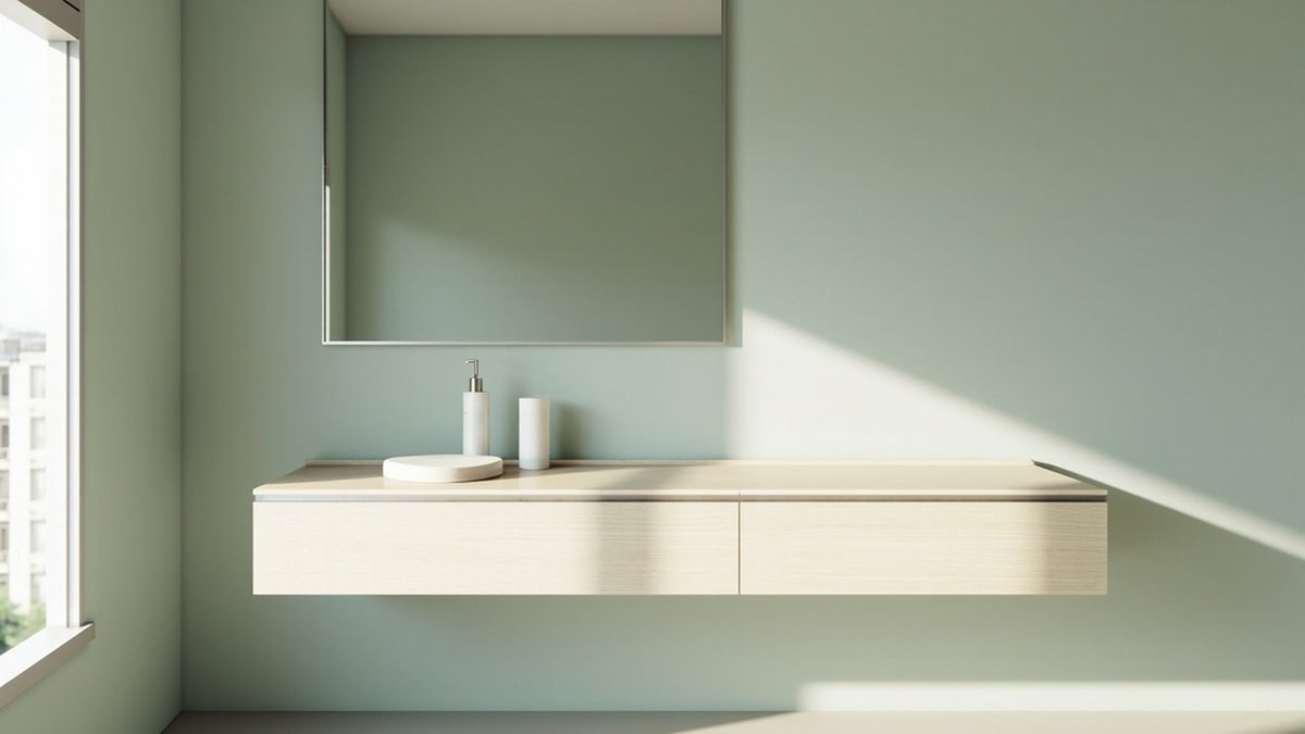 Illustrative concept design: large slim-edged wall mirror above a long wall-hung pale oak dressing top with two drawers