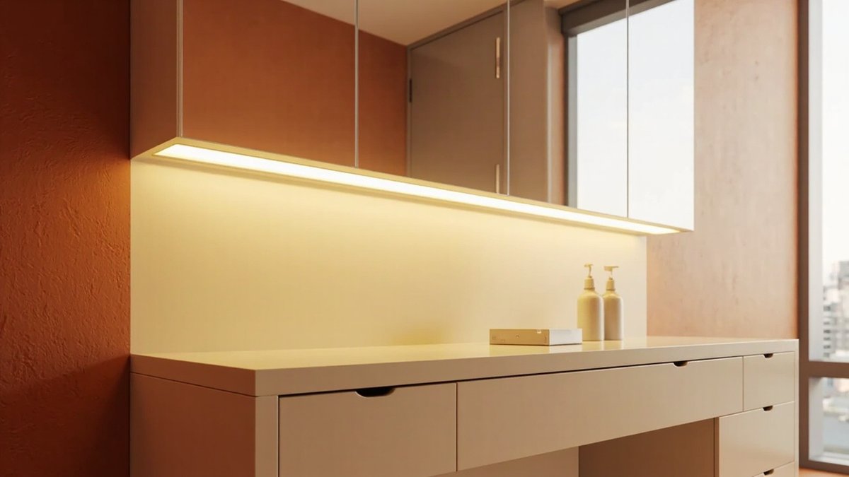 Illustrative concept design: cream dressing table under a mirrored wall cabinet lit by one hidden LED strip underneath