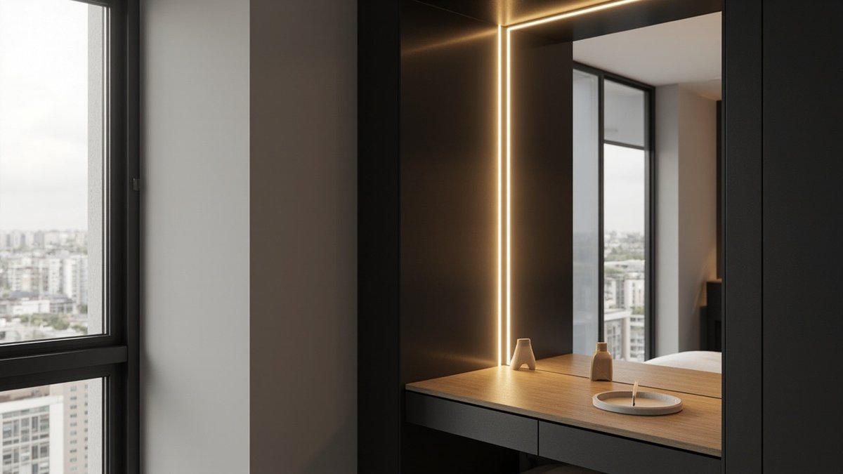 Illustrative concept design: charcoal dressing table niche with an oak top and a slim LED strip glowing around the mirror