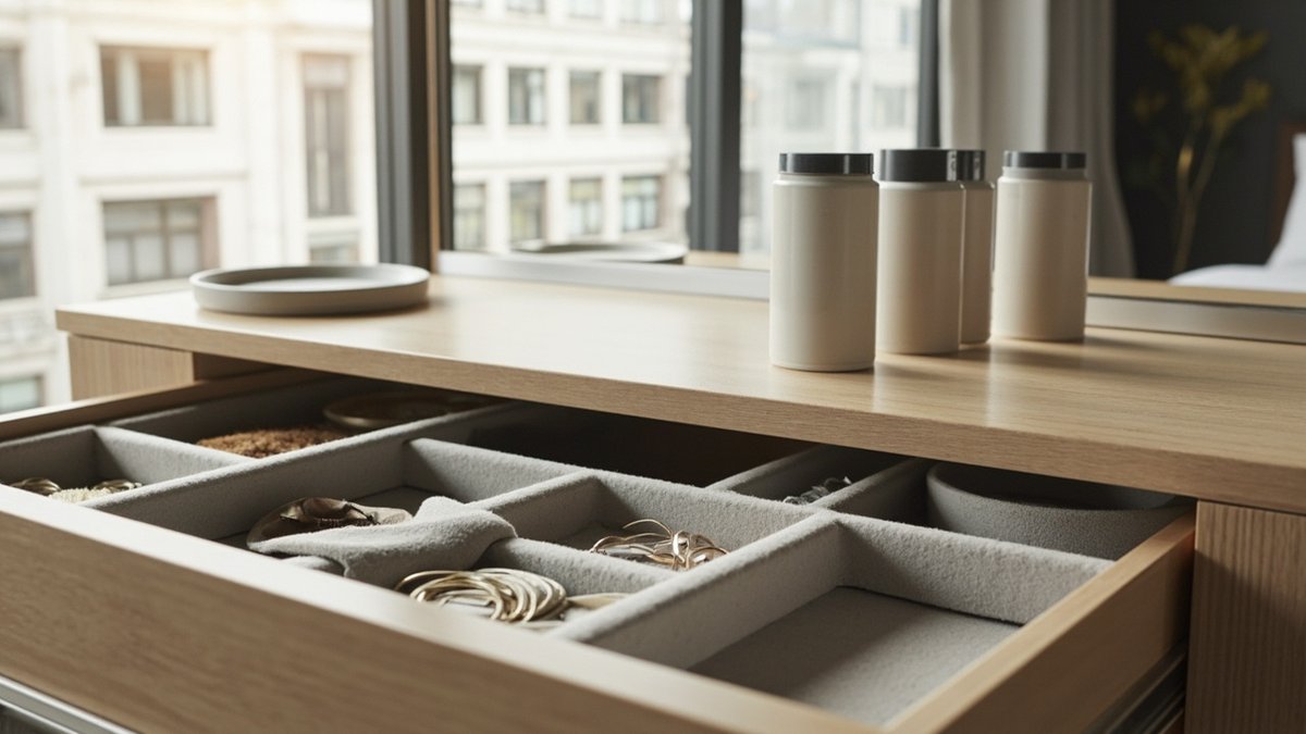 Illustrative concept design: pale oak shallow dressing table drawer pulled out with a grey felt-lined insert holding plain jewellery