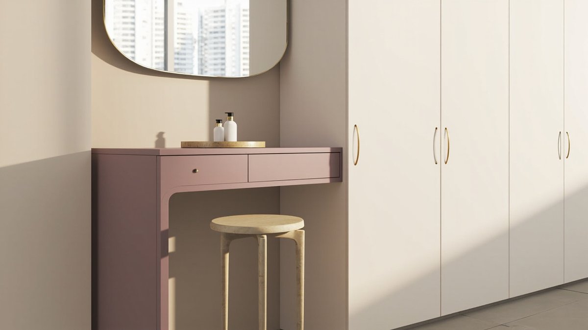 Illustrative concept design: dusty mauve wall-hung dressing table with two apron drawers above an open knee space and a timber stool