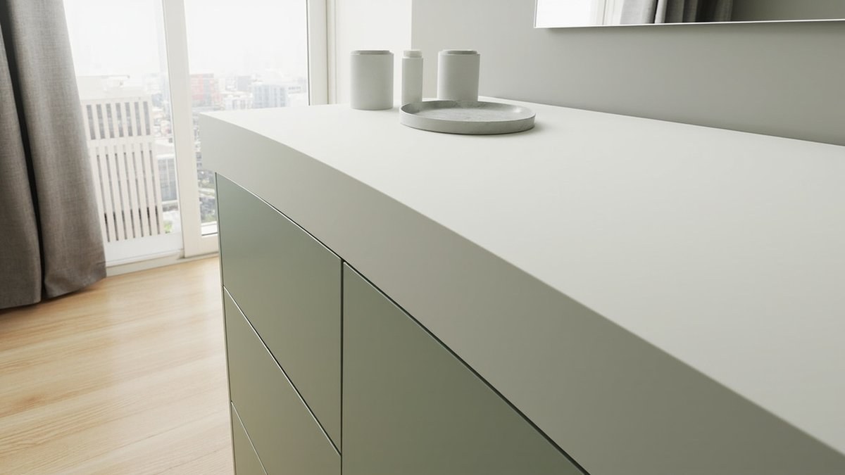Illustrative concept design: seamless matt white dressing table top with rounded edges over sage green drawer fronts