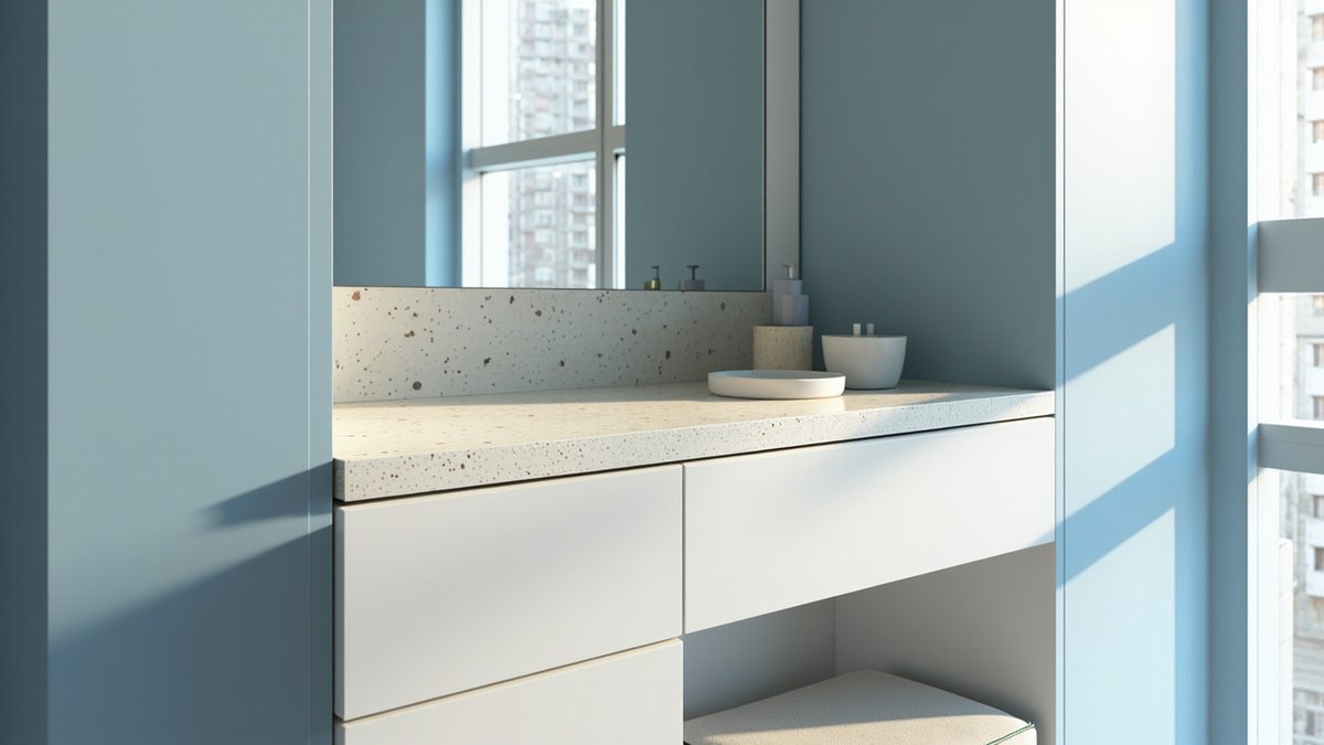 Illustrative concept design: dressing table with a terrazzo-look laminate top and upstand over white drawers and a padded stool