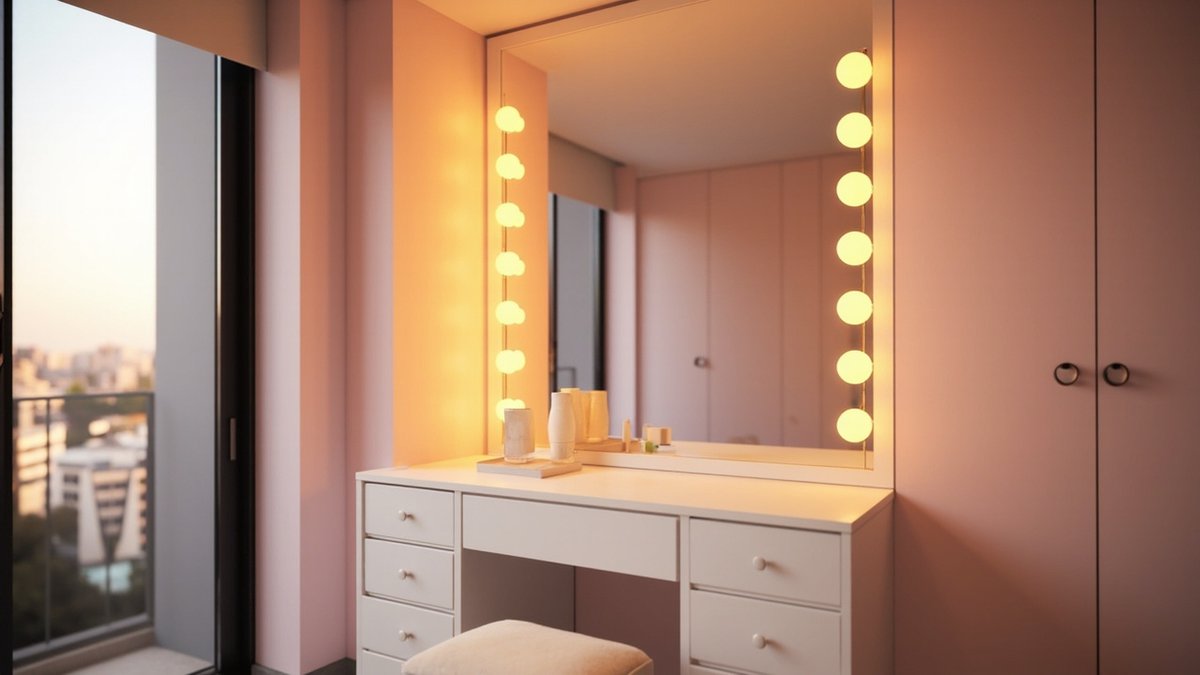 Illustrative concept design: white dressing table with round globe bulbs glowing down both sides of a wide mirror and a padded stool