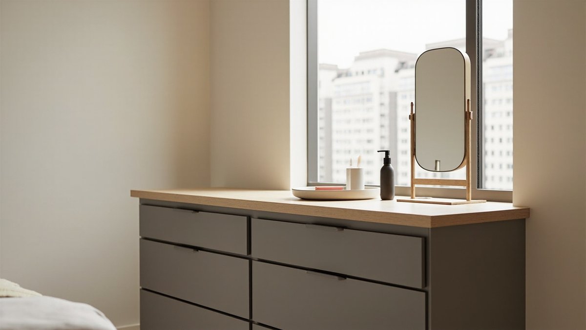 Illustrative concept design: rounded timber tilting mirror on a stand on a long oak dressing top over grey drawers