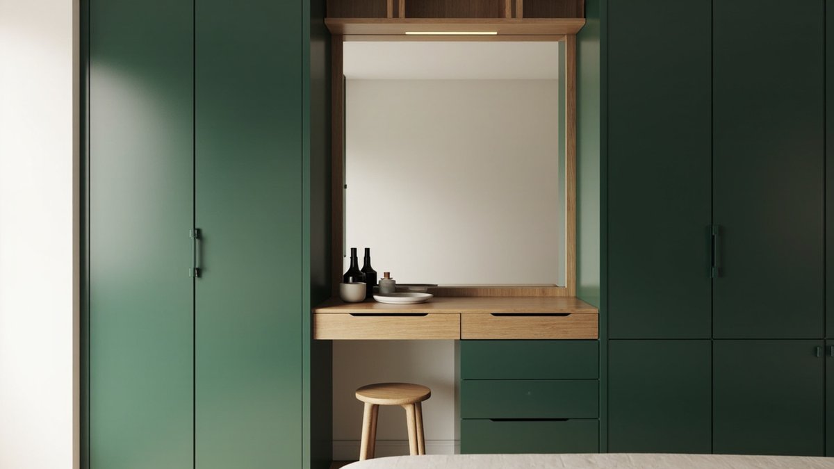 Illustrative concept design: built-in dressing table set into a forest green wardrobe wall with an oak-framed mirror, oak top and a stool