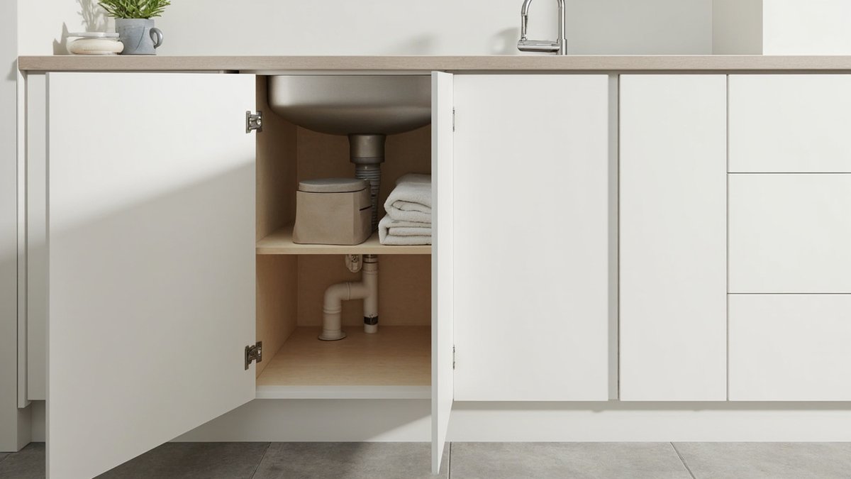 Illustrative concept design: open under-sink cabinet with white laminate doors and a pale plywood carcass