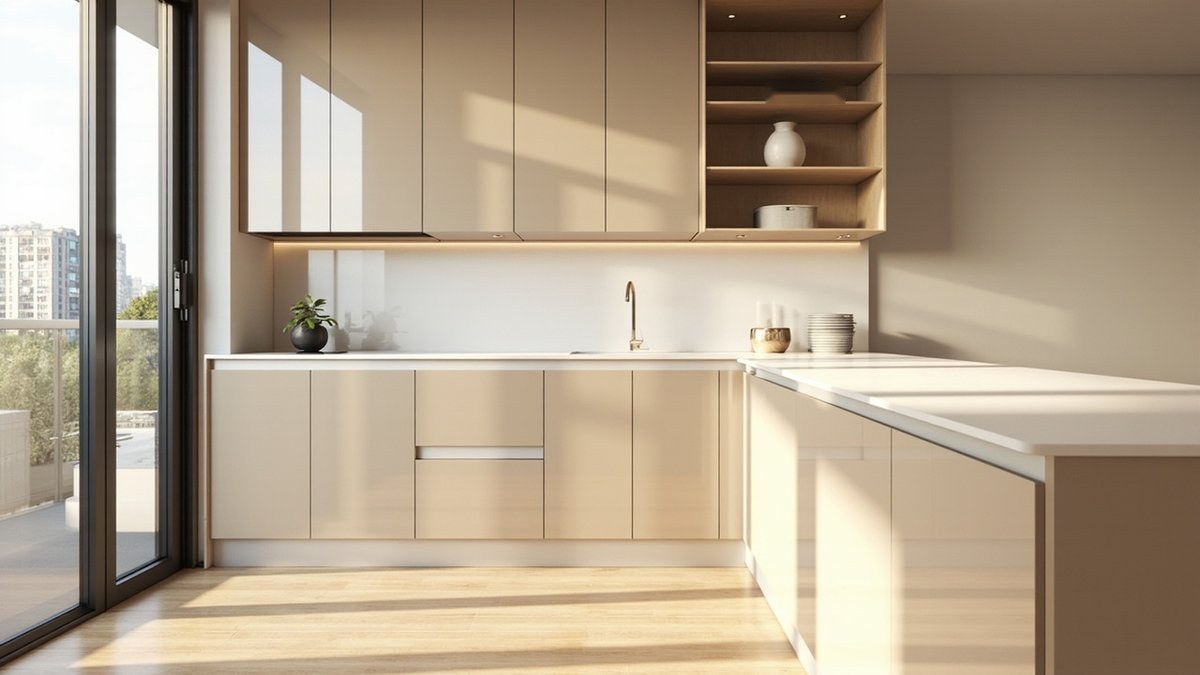 Illustrative concept design: high-gloss latte acrylic kitchen cabinets reflecting window light in a dry kitchen