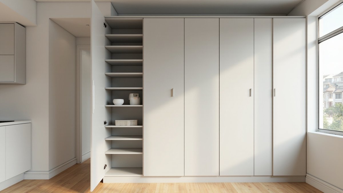 Illustrative concept design: tall light grey melamine pantry cabinet with one door open on white shelves