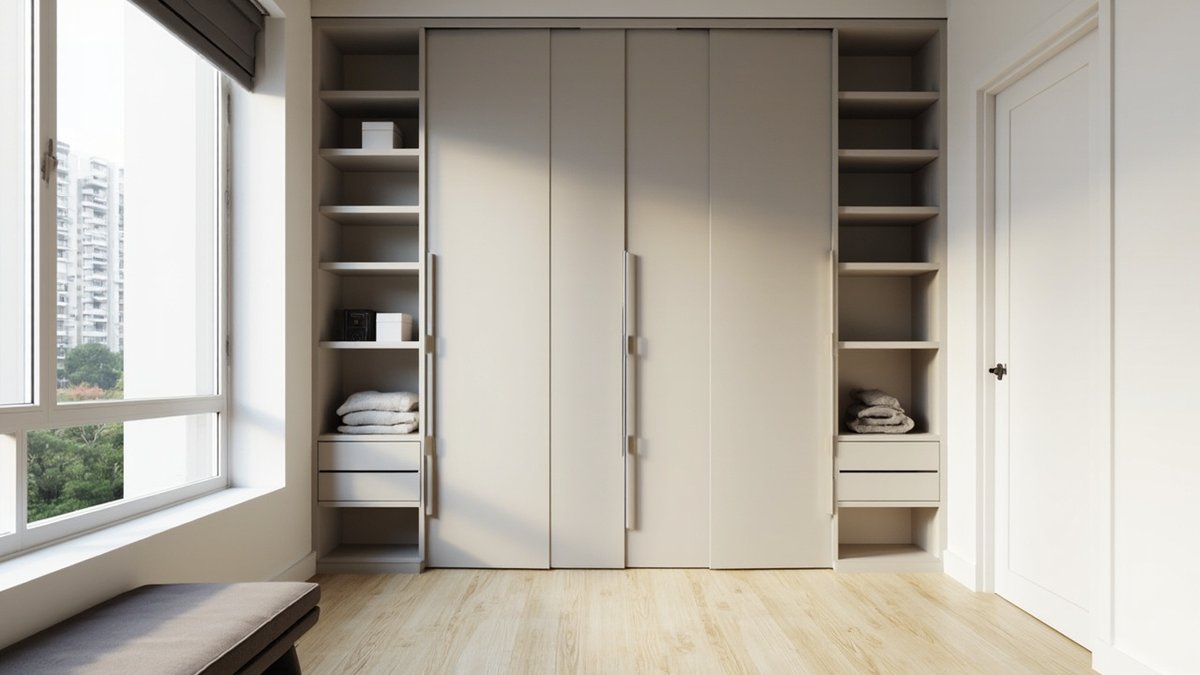 Illustrative concept design: pale grey melamine sliding-door wardrobe with long bar pulls between open shelf towers