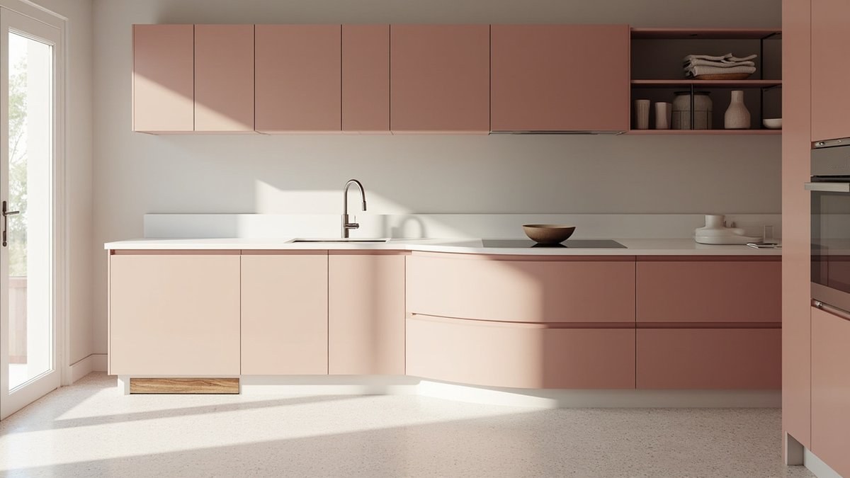 Illustrative concept design: dusty rose sprayed kitchen cabinets with a curved run of base drawers