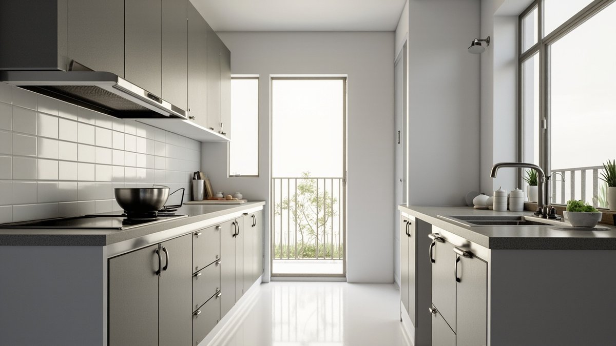 Illustrative concept design: stone grey laminate wet kitchen cabinets with a wok burner, hood and sink