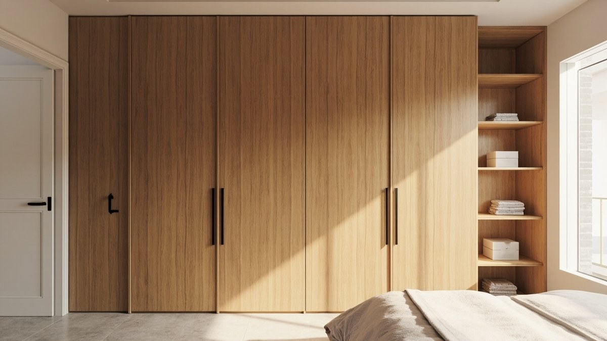 Illustrative concept design: teak wood-grain melamine swing-door wardrobe with slim black handles in a bedroom