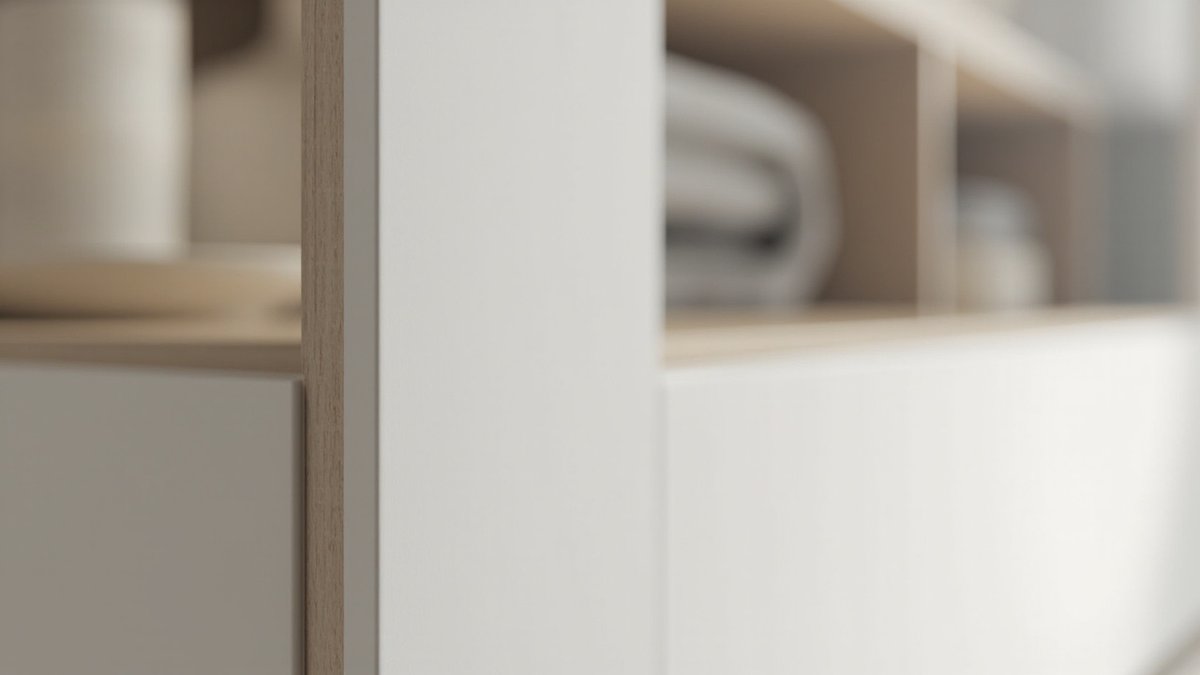 Illustrative concept design: close view of a white laminate cabinet panel edge finished with a wood-tone edge band