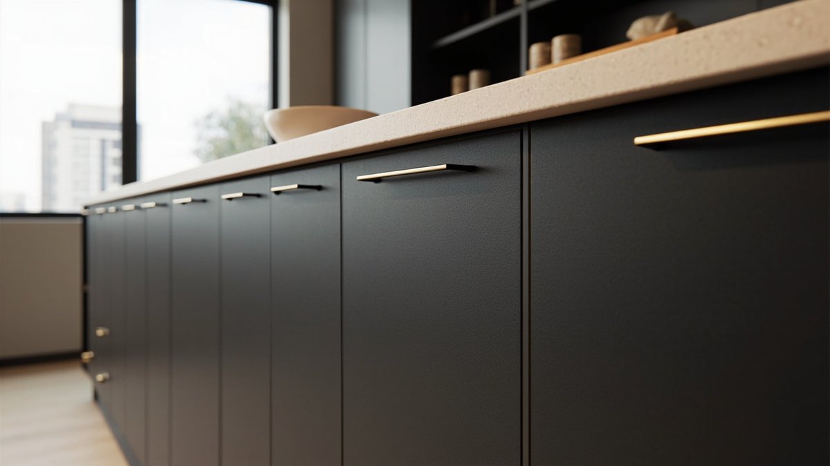 Illustrative concept design: flat ultra-matte black kitchen doors with slim brass bar pulls under a pale stone top