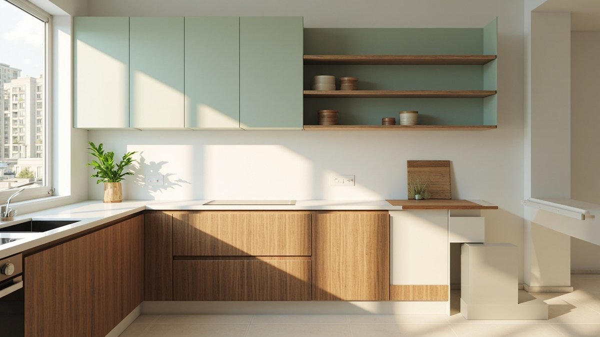Illustrative concept design: two-tone kitchen with walnut-grain base cabinets and soft sage wall cabinets