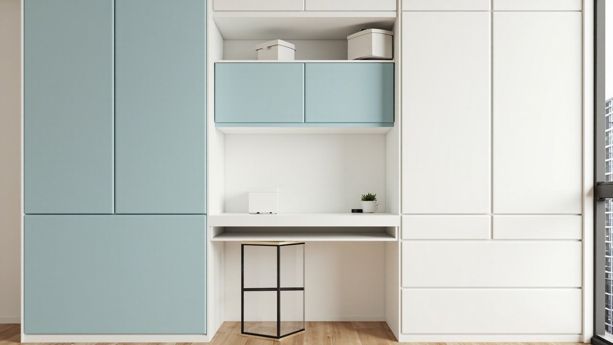Illustrative concept design: white and pale blue melamine study wall cabinets with a built-in desk