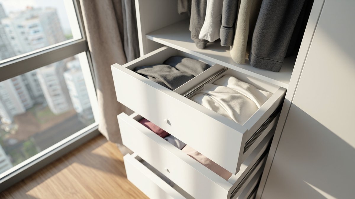 Illustrative concept design: three white wardrobe drawers pulled out on steel side runners with a divider holding folded items