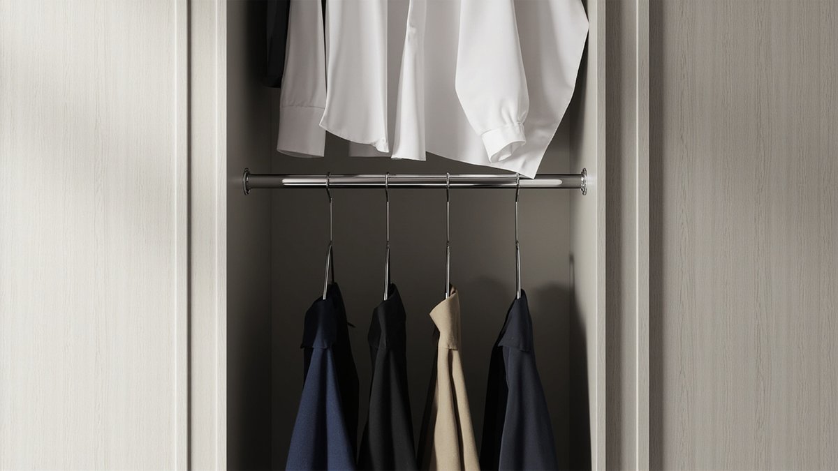 Illustrative concept design: pale grey woodgrain wardrobe bay with two chrome rails, white shirts above and dark and beige jackets below