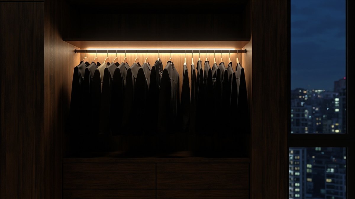 Illustrative concept design: dark walnut wardrobe bay at night lit by a warm LED strip above a row of dark garments
