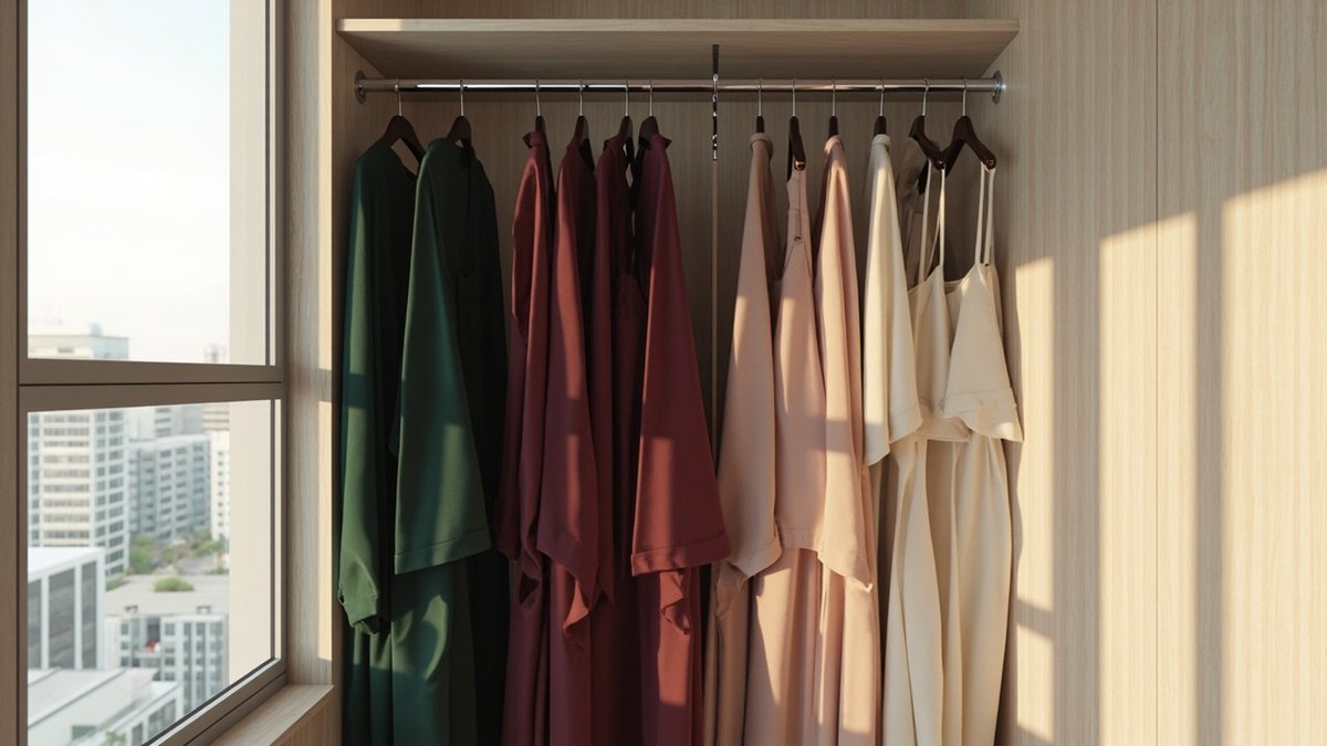 Illustrative concept design: light oak long-hang wardrobe bay with a centre-supported chrome rail holding long garments in jewel and cream colours