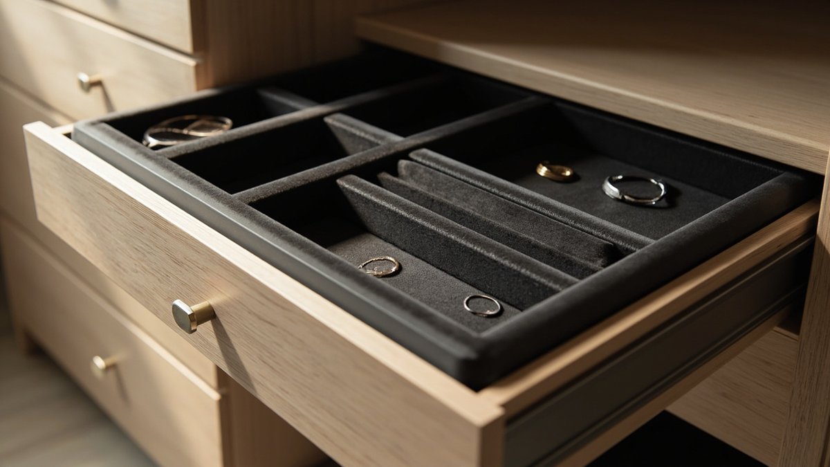 Illustrative concept design: light oak drawer with a dark grey velvet jewellery tray holding plain rings and a bangle