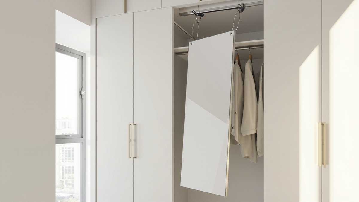 Illustrative concept design: open white wardrobe with a slim full-length mirror pulled forward on a top runner in front of pale hanging clothes