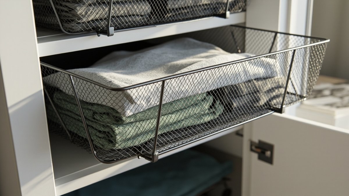 Illustrative concept design: graphite wire basket pulled out of a white wardrobe holding folded grey and sage knitwear