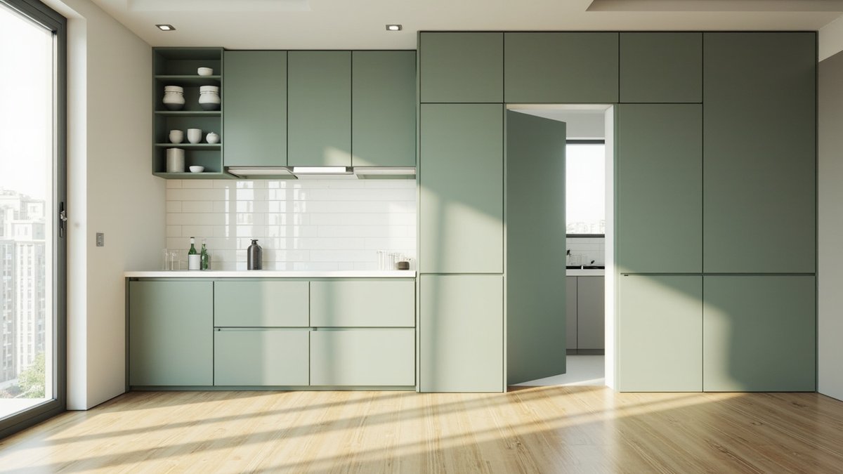 Illustrative concept design: dry kitchen of handle-free sage panels with one full-height panel open like a room door onto the wet kitchen