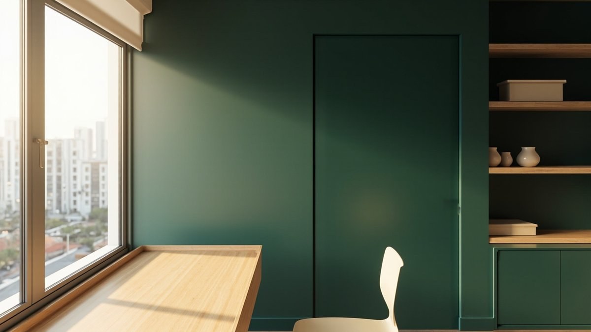 Illustrative concept design: deep forest green study wall with a door-height leaf outlined only by a hairline beside oak shelves