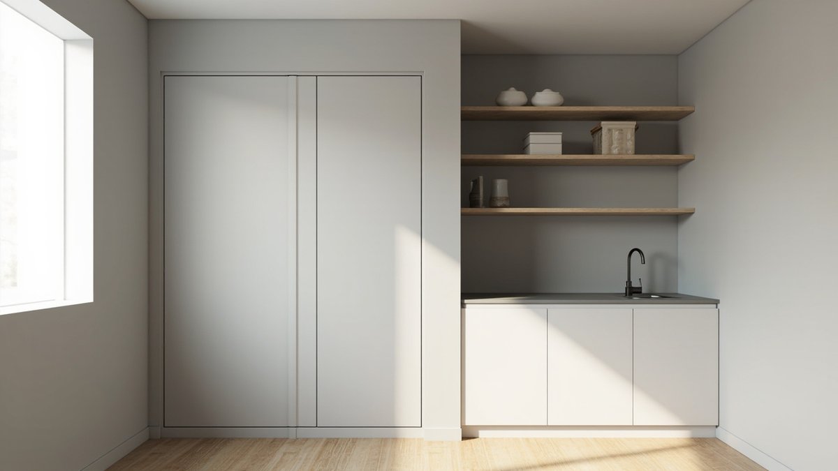 Illustrative concept design: dove grey kitchen wall with two handle-free flush leaves outlined only by hairlines beside open oak shelves