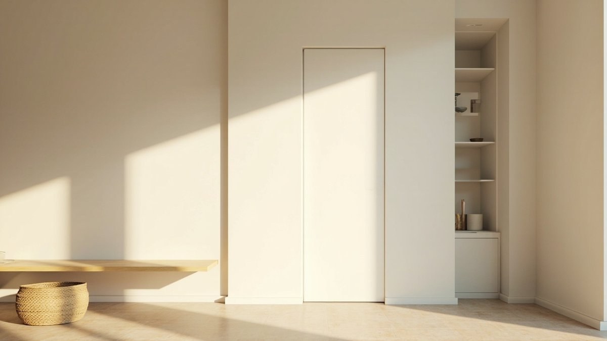 Illustrative concept design: warm off-white foyer wall with a frameless flush closet door outlined only by a fine line beside a floating oak bench