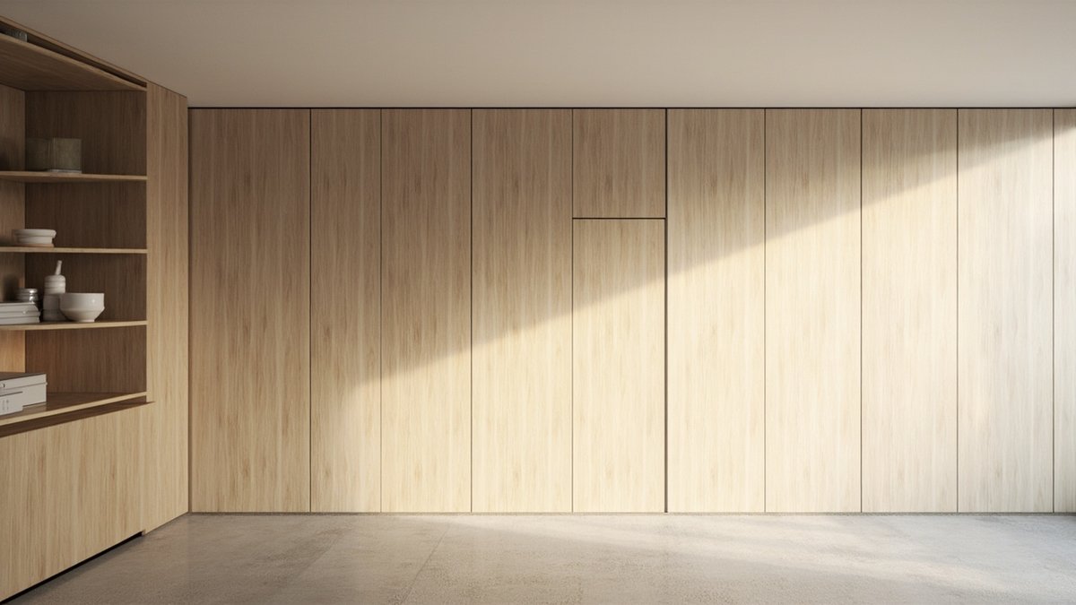 Illustrative concept design: long wall of light oak veneer panels with continuous grain and a door-height section outlined only by a hairline