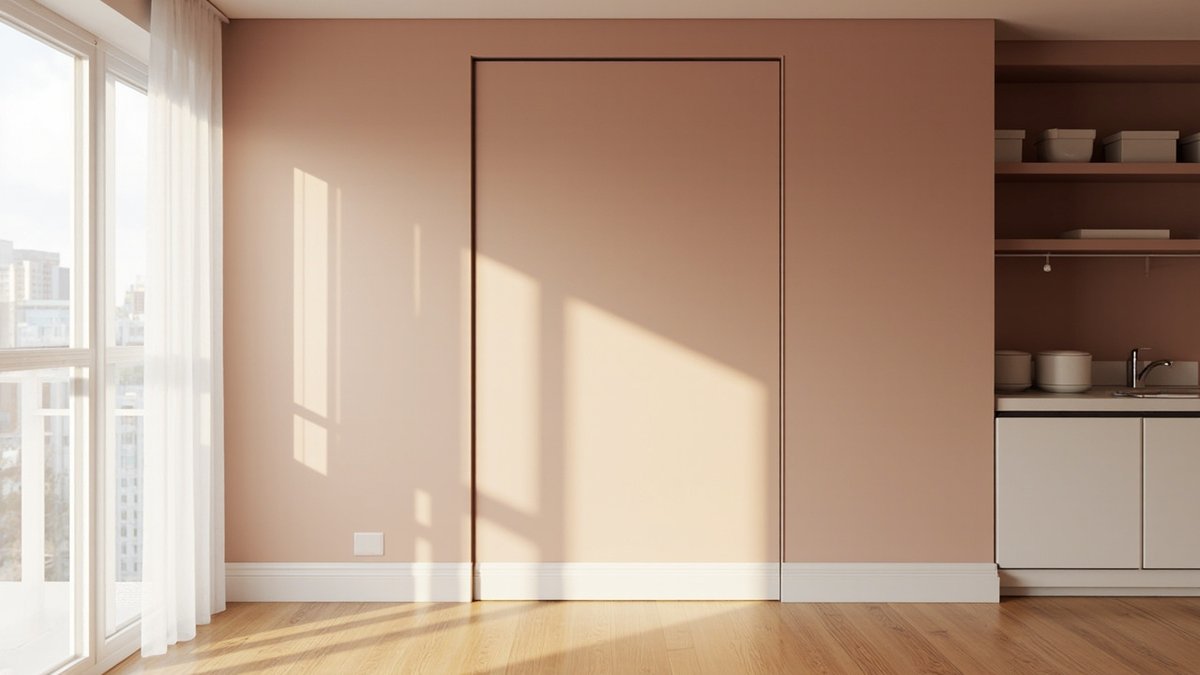 Illustrative concept design: clay pink wall with a flush jib door outlined only by a hairline and the white skirting running across its bottom