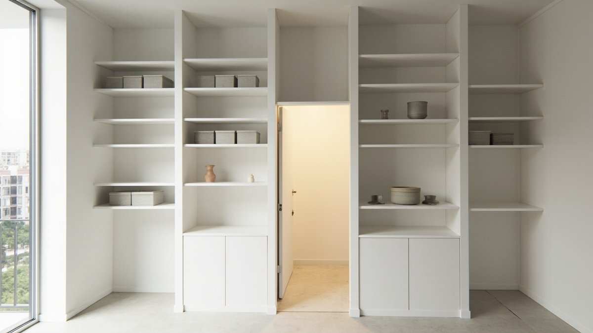 Illustrative concept design: white built-in shelving with plain boxes and a flush white leaf between two bays standing open onto a softly lit small room