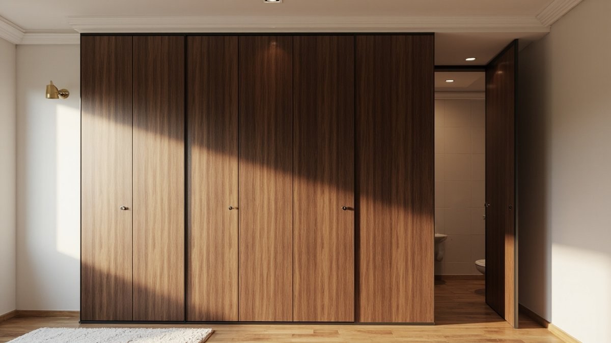 Illustrative concept design: wall of walnut woodgrain wardrobe doors with a matching tall walnut leaf standing open into a white tiled en-suite