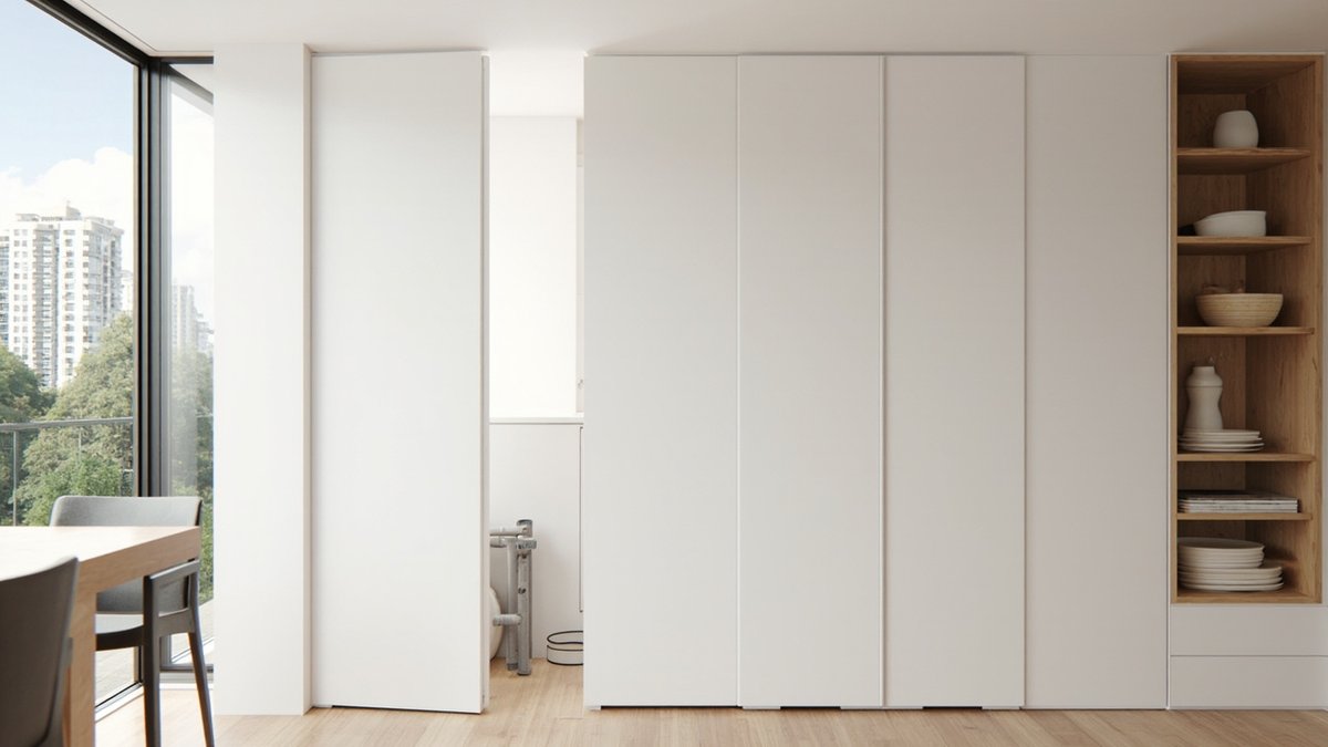Illustrative concept design: handle-free white joinery wall beside a dining table with the end leaf open on a small service space with grey pipes
