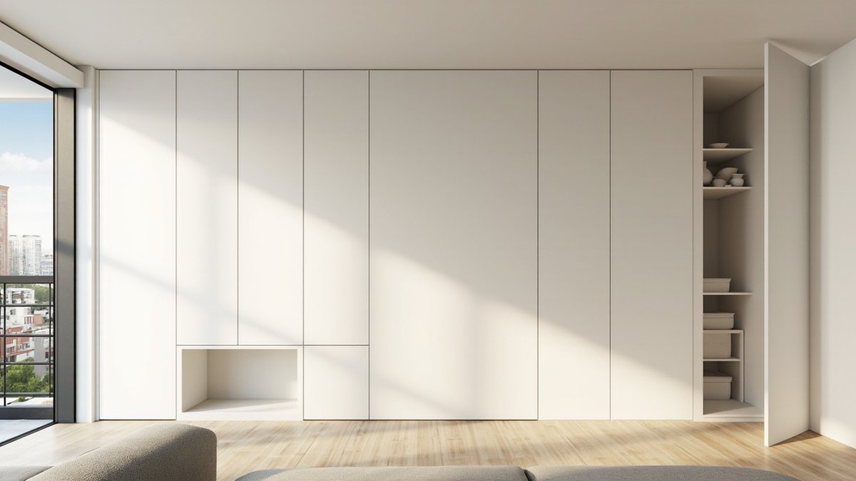 Illustrative concept design: wall of handle-free off-white full-height panels with the end panel open on a small store room of white boxes