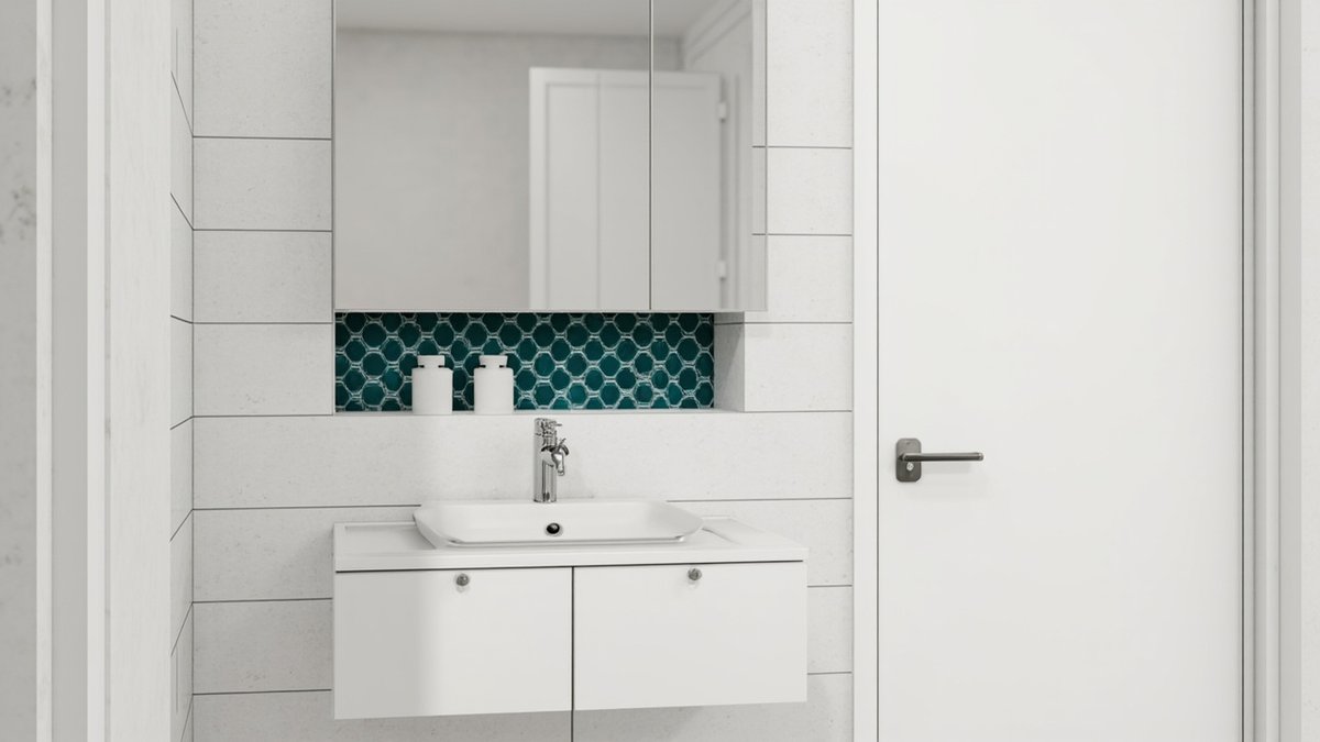 Illustrative concept design: white two-door mirror cabinet over a teal mosaic niche above a basin