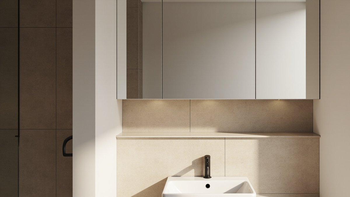 Illustrative concept design: three-door mirror cabinet set into a built-out beige tiled wall with a narrow ledge below
