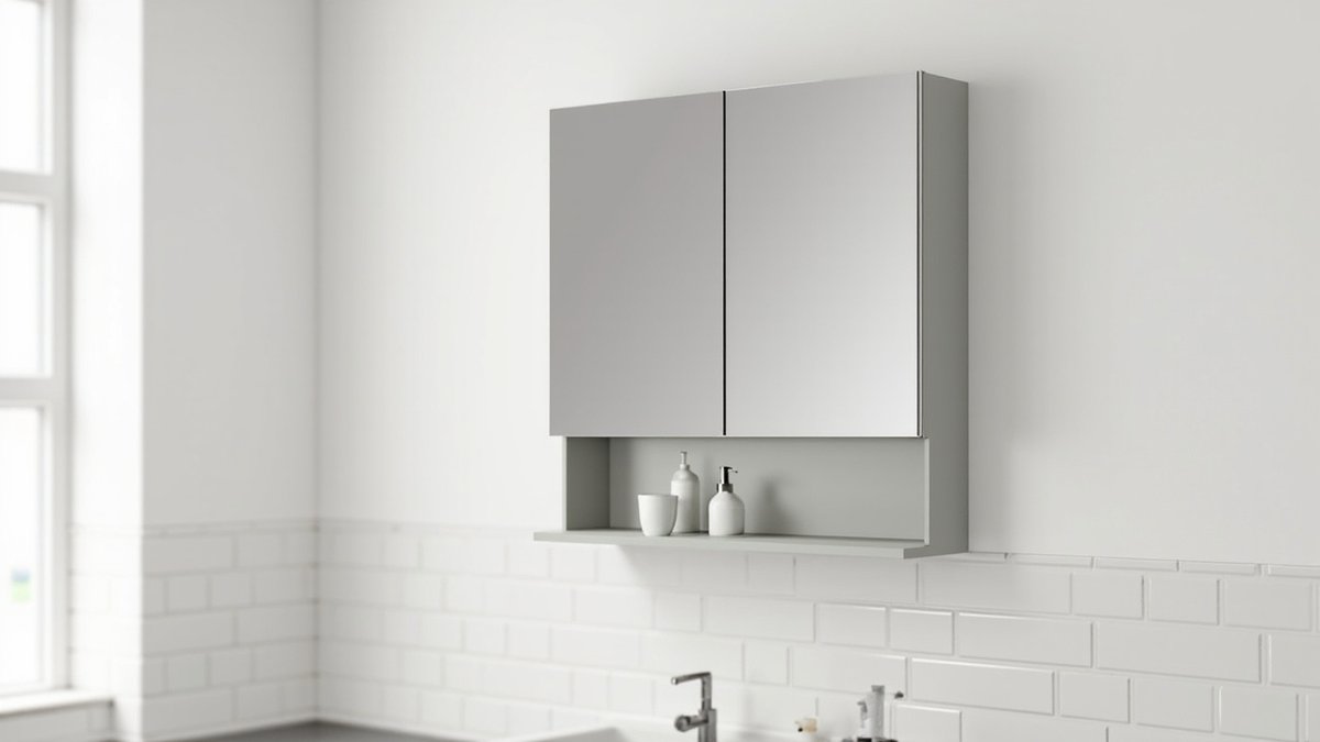 Illustrative concept design: pale grey two-door mirror cabinet with an open shelf below holding a cup and plain bottles