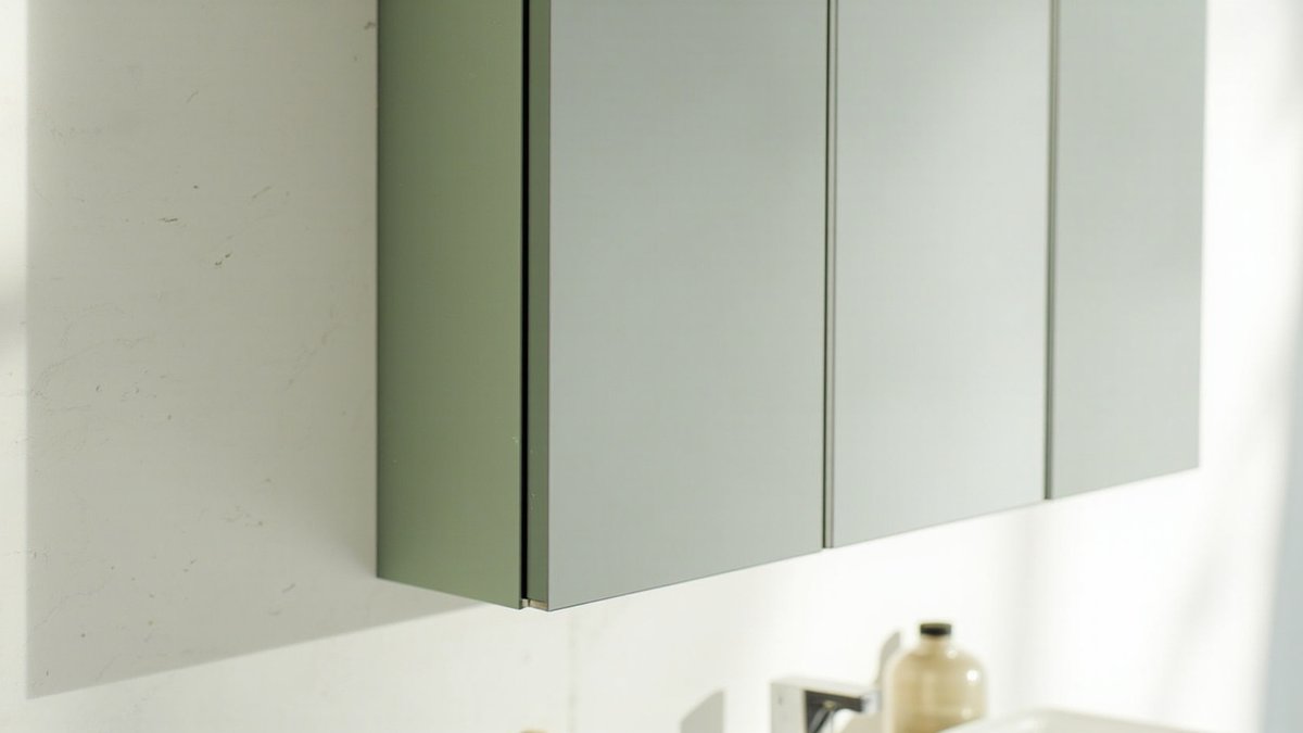 Illustrative concept design: mirror cabinet with a sage green laminate side panel and mirror doors above a basin