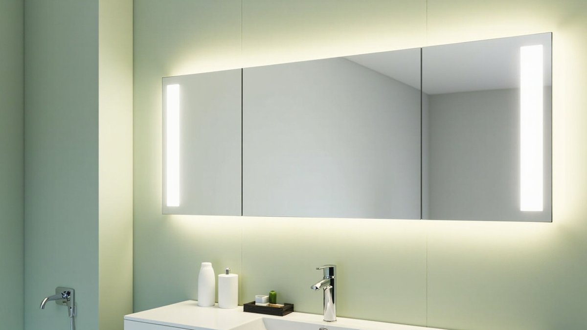 Illustrative concept design: three-door mirror cabinet with vertical LED light panels in the outer doors and a soft glow behind